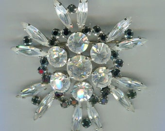 Medieval Renaissance Rhinestone Brooch silver flower crystal + jet 56 mm