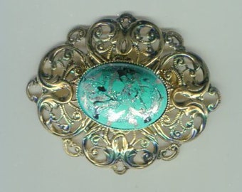 Filigree Medieval Renaissance brooch Victorian old gold + green 55 x 45 mm