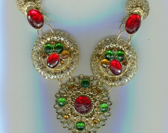 Medieval Renaissance necklace gold + ruby look + emerald look + topaz look size 42