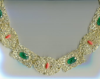 Medieval Renaissance Splendour Necklace Gold + Coral Optics + Emerald Optics Length: 84 cm