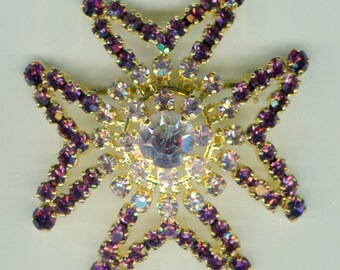 Medieval Renaissance Rhinestone Brooch star gold + amethyst + crystal 52 mm