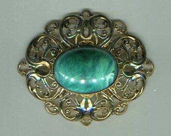 Filigree Medieval Renaissance brooch Victorian old gold + marble green 55 x 44 mm