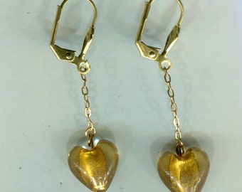 Medieval Renaissance earrings hearts made of gold sand beads 52 x 12 mm