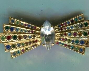 Middle Ages Renaissance Rhinestone Brooch Bow gold + crystal + colorful 48 x 20 mm