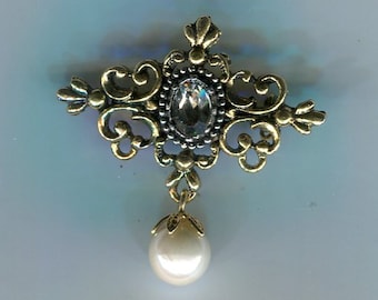 filigree medieval renaissance rhinestone brooch made of pewter with pearl pendant antique gold + Swarovski black diamond 35 x 35 mm