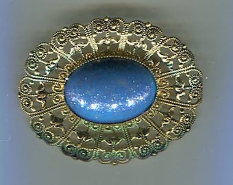 filigree medieval renaissance brooch Victorian old gold + blue with glitter 51 x 40 mm