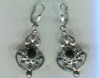 filigree Medieval Renaissance earrings old silver with black cabochon 48 x 20 mm