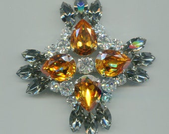 Medieval Renaissance Rhinestone Brooch star crystal + topaz + black-diamand 70 mm