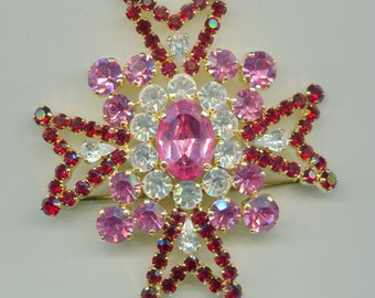Medieval Renaissance rhinestone brooch star gold + ruby + rosalin + crystal 72 mm