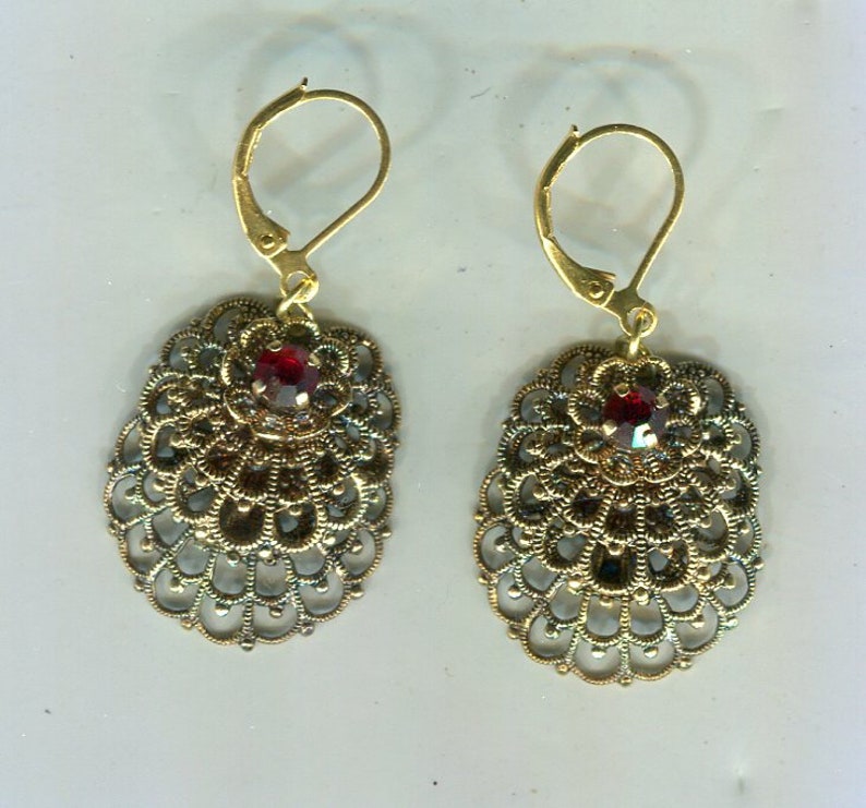 filigree Medieval Renaissance earrings old gold with chaton in garnet red 43 x 21 mm image 1