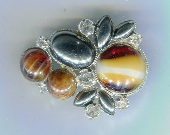 Medieval Renaissance Rhinestone Brooch silver + Cabochons in Amber Look 38 x 30 mm