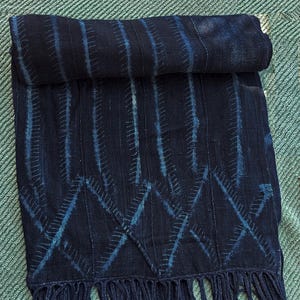 Large Masculine Indigo Mudcloth, Braided Fringe, Handmade