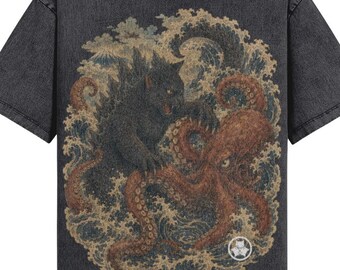 Catzilla vs Octopus Kaiju T-Shirt | Vintage Snow Wash Cotton Tee