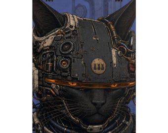 Cyberpunk-Poster mit schwarzer Katze, Sci-Fi-Kunstdruck einer Roboterkatze