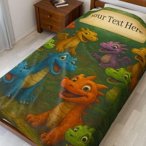 May include: A twin-sized bedspread featuring a whimsical design of colorful cartoon dragons. The dragons are in shades of blue, orange, green, and purple, set against a green background. The text "Your Text Here" is displayed on a banner at the top.