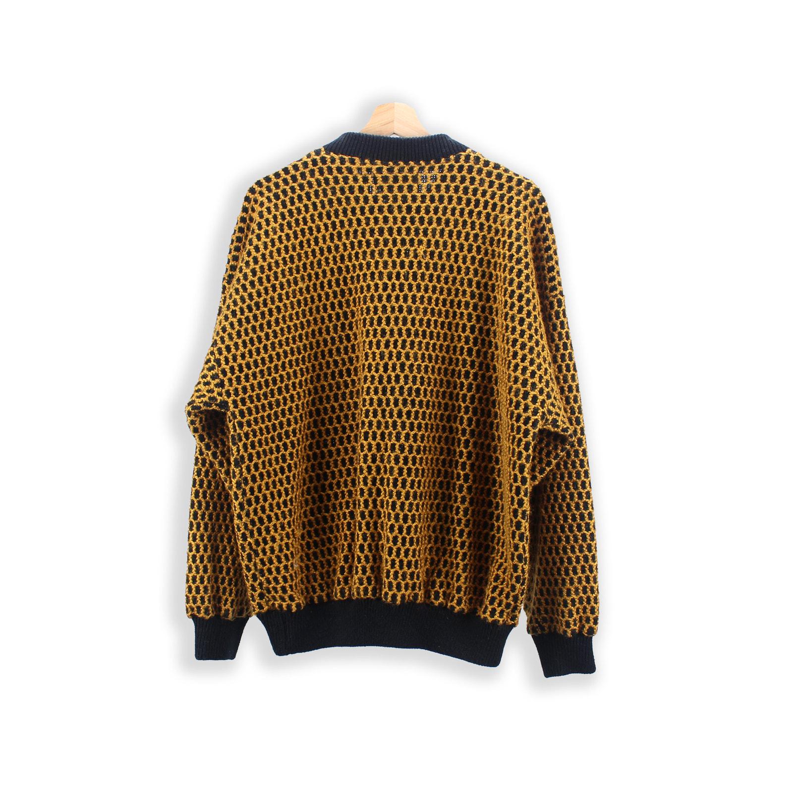 90s Vintage Trutus Biancara Sweater - Black & Gold Henley Pullover 