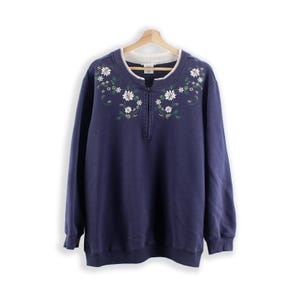 Vintage Jumper - Retro 90s Sweatshirt - 1/4th Zip Floral Sweater - 2XL