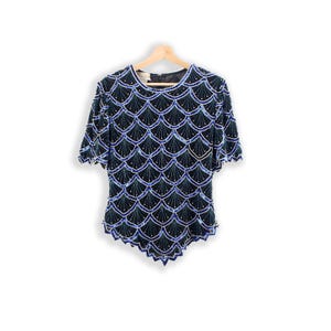 70s Vintage Top - Scallop Beaded Party Shirt - 1970s Fashion - L