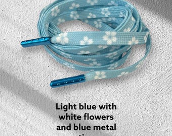Vibrant Lite Blue & White Flowers Fashion Shoe Strings