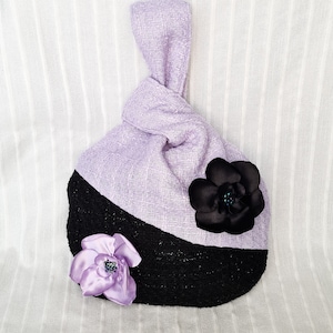 Sac en tweed lilas et noir avec fleurs en satin, sac élégant, sac noeud japonais, grand sac femme, sac à main, sac coloré