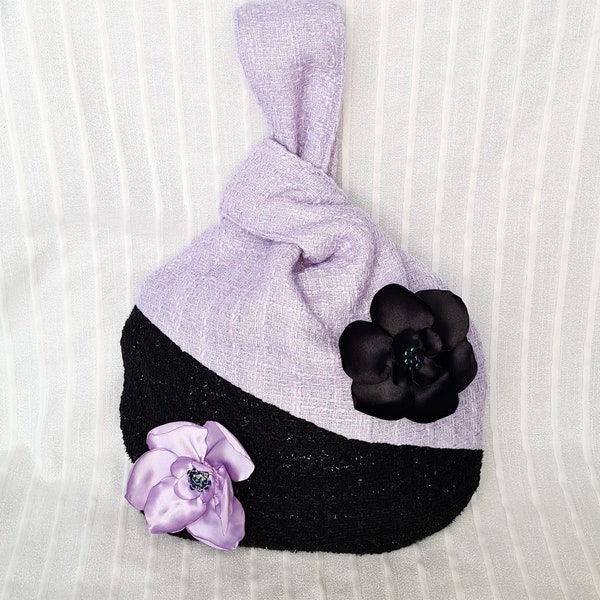 Borsa tweed lilla e nera con fiori in raso, Borsa elegante, borsa nodo giapponese, borsa grande donna, borsa a mano, borsa colorata