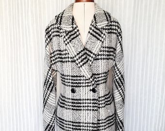 Long double breasted wool woman coat, Long check wool coat woman, Warm winter woman coat, business coat, plaid coat woman, plaid wool coat