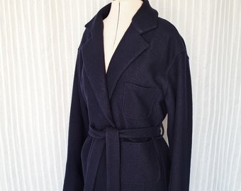 Victoria dark blue wrap coat 100% wool, Belted blue coat woman, blue boiled wool coat