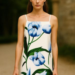Floral Straight Line Dress with Blue Tulips, Elegant Tulip Print Dress, Sleeveless Summer Dress, Women&#39;s Casual Floral Dress, Handmade Dress