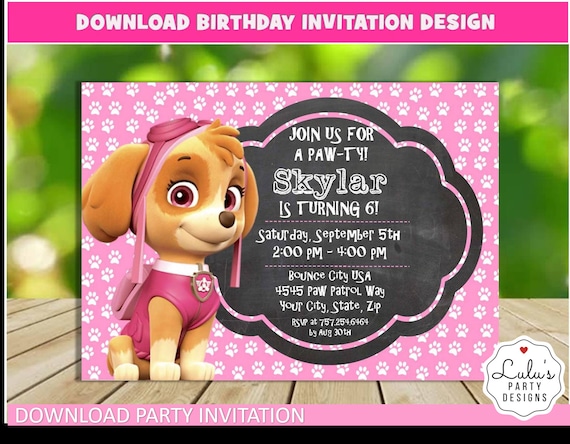 Skye Invitation Design Paw Patrol Themed Invitation Design Etsy