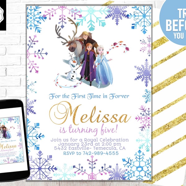 Frozen Birthday Invitation Floral Gold Glitter Elsa Ana Birthday Invite editable Corjl Design Text or Email Editable Frozen 2 Frozen Two DIY
