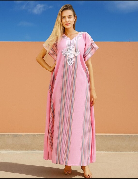 Robe Caftan Maxi Longue Femme En Velours Rose - Abaya Panneau - Style Marocain Élégant