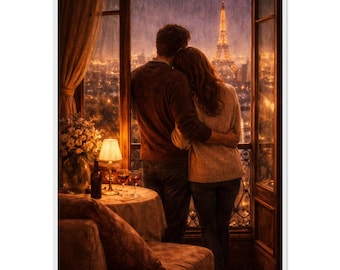 Parisian Window Love | Vintage Romantic Wall Art | Timeless Couple Wooden Framed Artwork