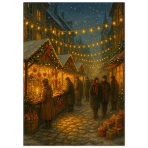 May include: An illustration of a Christmas market scene at night. The image shows a cobblestone street lined with wooden stalls decorated with lights and ornaments. People are browsing the market, and snow is falling.