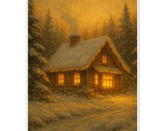 Puede incluir: Una acogedora escena invernal representa una cabaña cubierta de nieve entre árboles de hoja perenne. La luz cálida emana de las ventanas y la chimenea, sugiriendo un interior acogedor. La obra de arte evoca una sensación de paz y tranquilidad, ideal para la decoración invernal.
