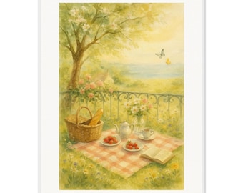 Romantic Picnic Watercolor Print – Cottagecore Garden Wall Art