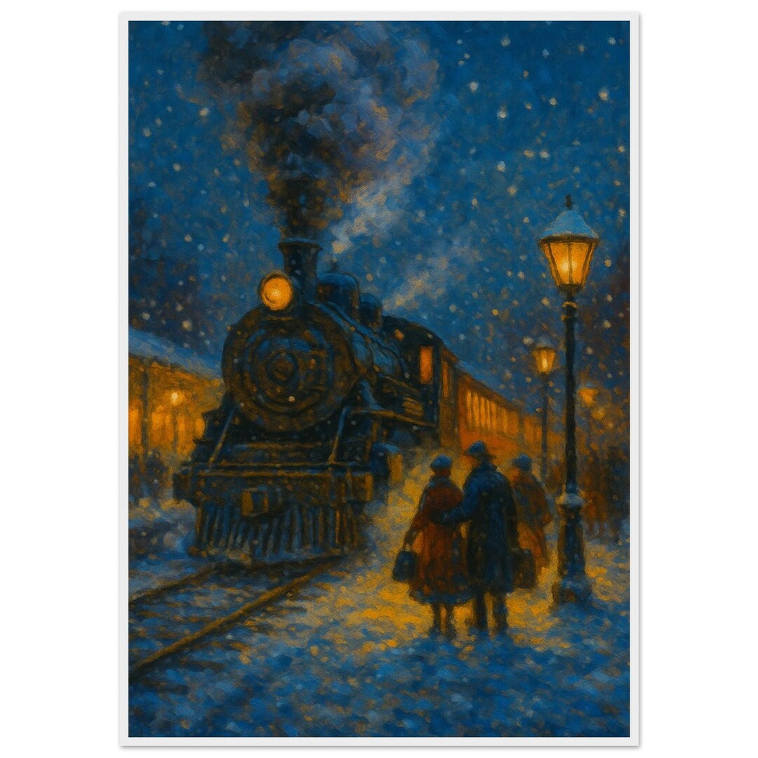 Vintage Christmas Train Station Print | Snowy Steam Locomotive Art - Etsy