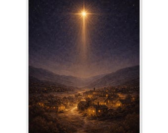 May include: An artistic print depicts a night scene with a bright star shining over a village nestled between mountains. The star's light illuminates the houses and a path leading through the valley, creating a warm, inviting glow against the dark sky.