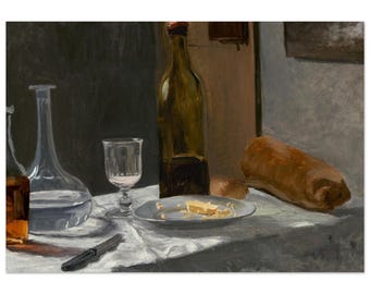 Monet Still Life Print, Bottle Carafe Bread Wine Wall Art, Vintage Kitchen Dining Poster