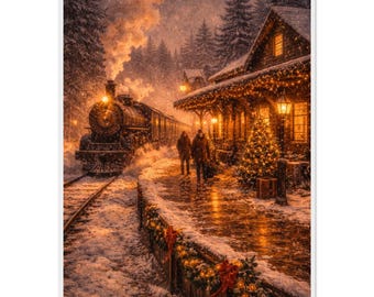 クリスマス駅のプリント | ヴィンテージ風ホリデー額入りウォールアート