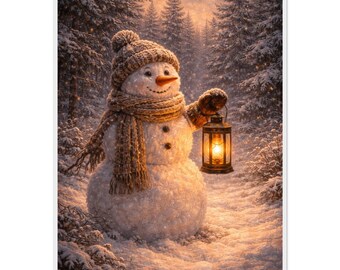 Snowman Lantern Winter Twilight Art | Vintage Forest Framed Print