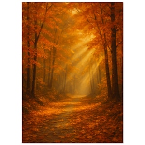 May include: An autumnal forest scene with a path leading into the distance. The trees are filled with orange and red leaves, and sunlight streams through the canopy. The ground is covered in fallen leaves.