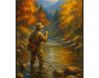 Autumn River Fishing | Fall Landscape Oil Painting | Rustic Outdoor Wall Art | Cozy Cabin Decor