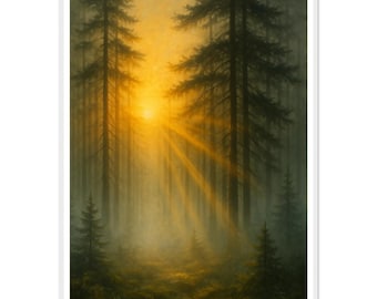Silent Morning Glow – Misty Forest Painting, Fine-Art Nature Wall Art, Golden Sunlight Tree Print