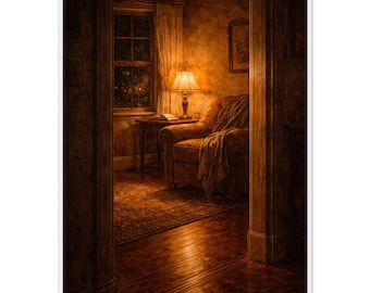 Quiet Evening Armchair Wall Art | Cozy Reading Nook Print | Warm Lamp Light Interior Decor
