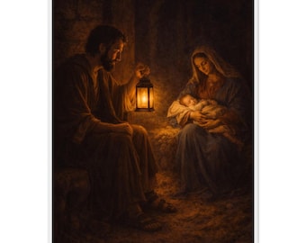 May include: A religious print depicts a scene with a man holding a lantern, illuminating a woman cradling a baby. The figures are dressed in robes, and the scene is set in a dimly lit, rustic environment. The artwork evokes a sense of reverence and warmth.