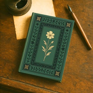 Vintage Cosmos Flower Notebook, Victorian Botanical Hardcover Lined Journal, Elegant Green Gold Aesthetic, Gift for Writers & Nature Lovers