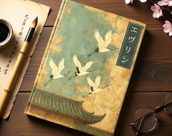 Personalized Japanese Vintage Crane Notebook, Custom Katakana Name Lined Journal, Tsuru Flying Design Gift