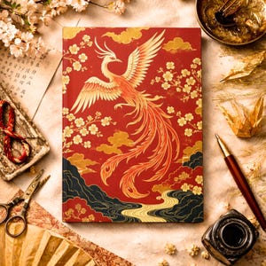 May include: A red journal with a gold phoenix design, cherry blossoms, and clouds. The journal's cover features a detailed illustration of the mythical bird. The design is set against a red background with gold accents. The journal is surrounded by stationery.