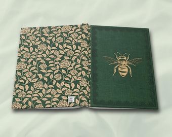 Vintage Green Bee Hardcover Notebook, Lined Journal with Antique Floral Print Cover, Nature-Inspired Journaling Gift for Writers & Dreamers