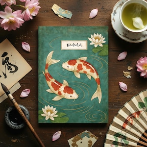 Personalized Koi Fish Journal, Japanese Lotus Notebook Gift for Writers & Mindful Journaling